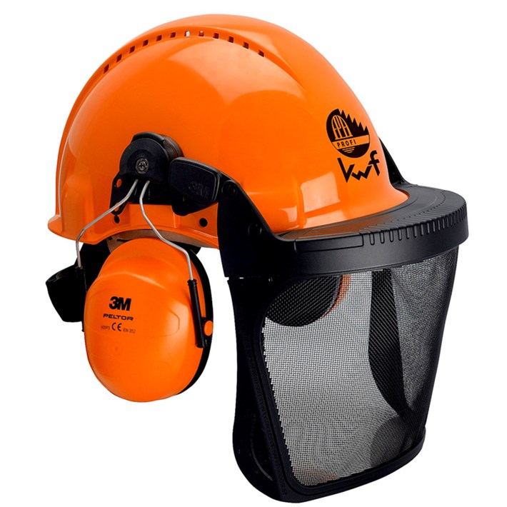 3M 7.21.15.331.55 Helmkombination für die Forstwirtschaft, G3000 orangefarbener Helm, H31 Kapselgehörschutz, Metallgesichtsschutz 5C