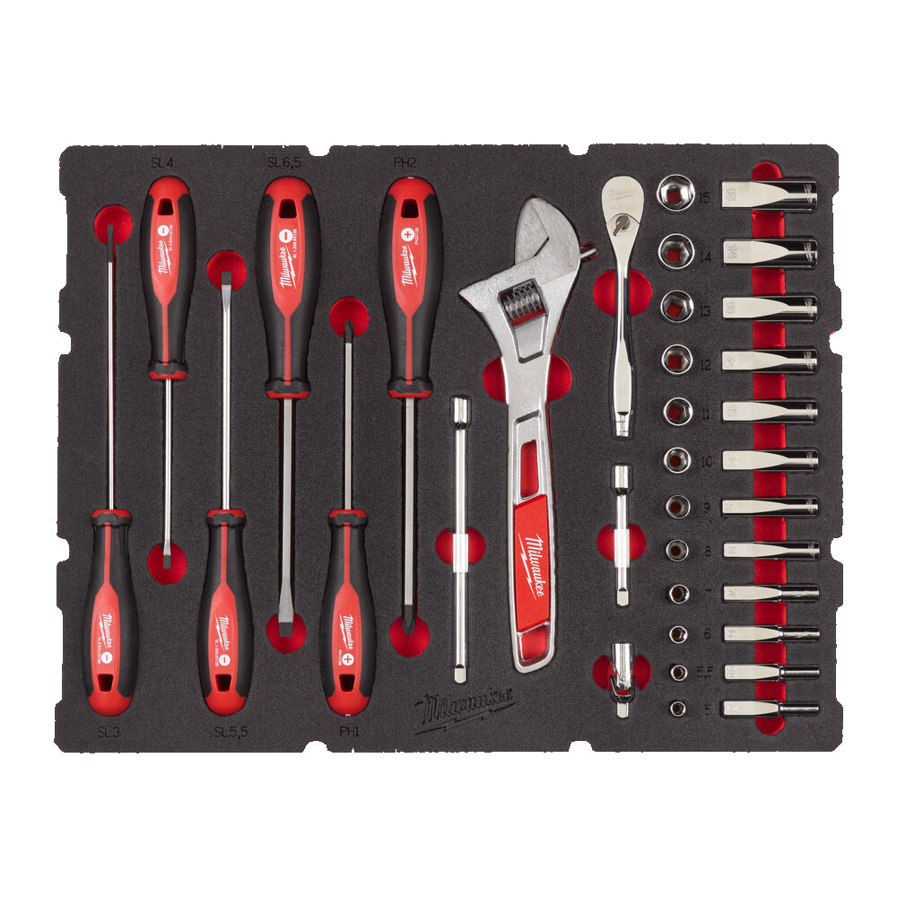 Milwaukee Zubehör 4932480717 1/4" Ratsche, Abdeckkappe, Schraubendreher und Schlüsselsatz PACKOUT Schaumstoffeinlage 35-teilig