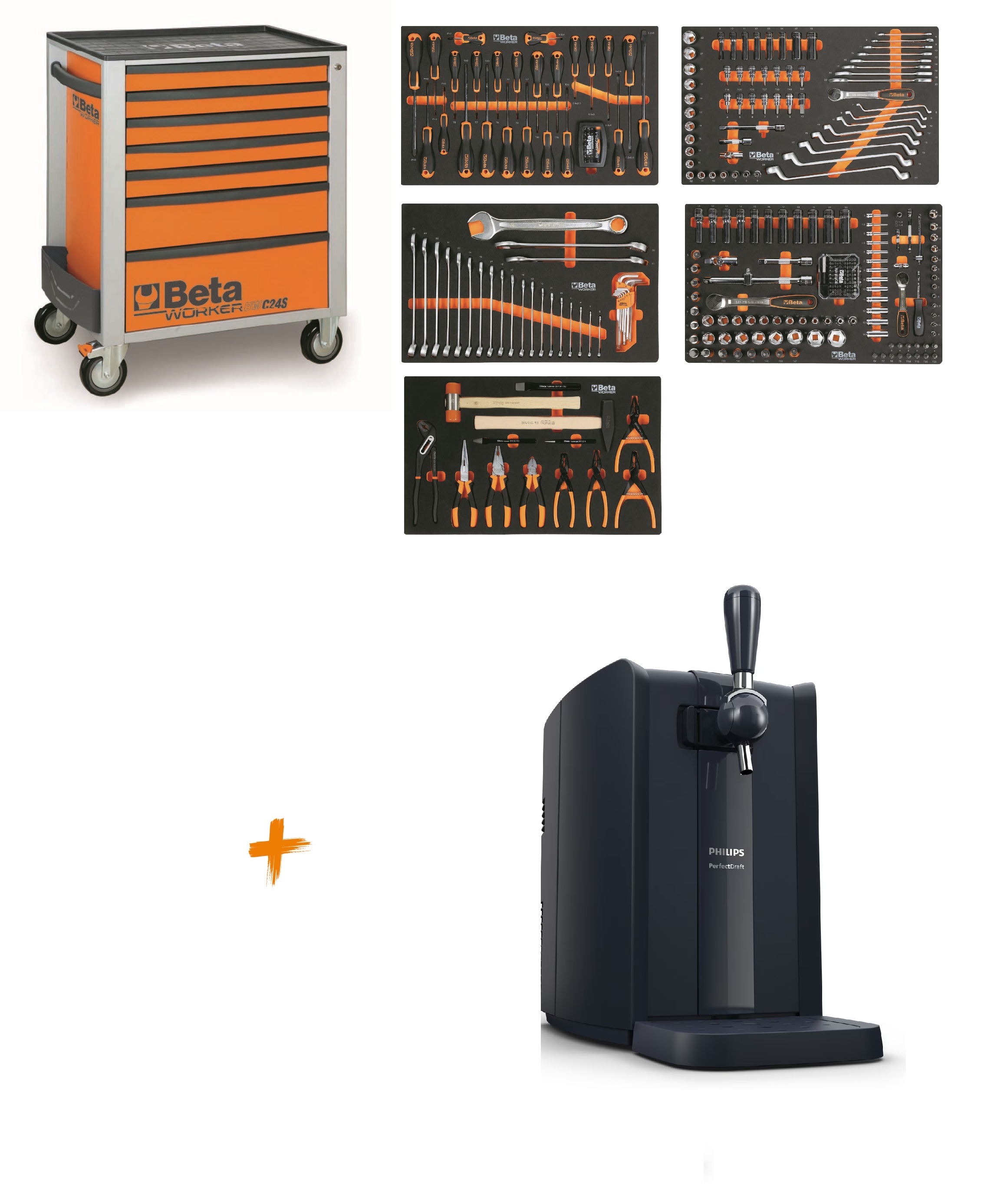 Beta ZNLWK0002 BW 2400S O7/E-M-WAGEN Werkzeugwagen gef&uuml;llt mit 309-teiligem Sortiment + gratis Philips Perfect Draft