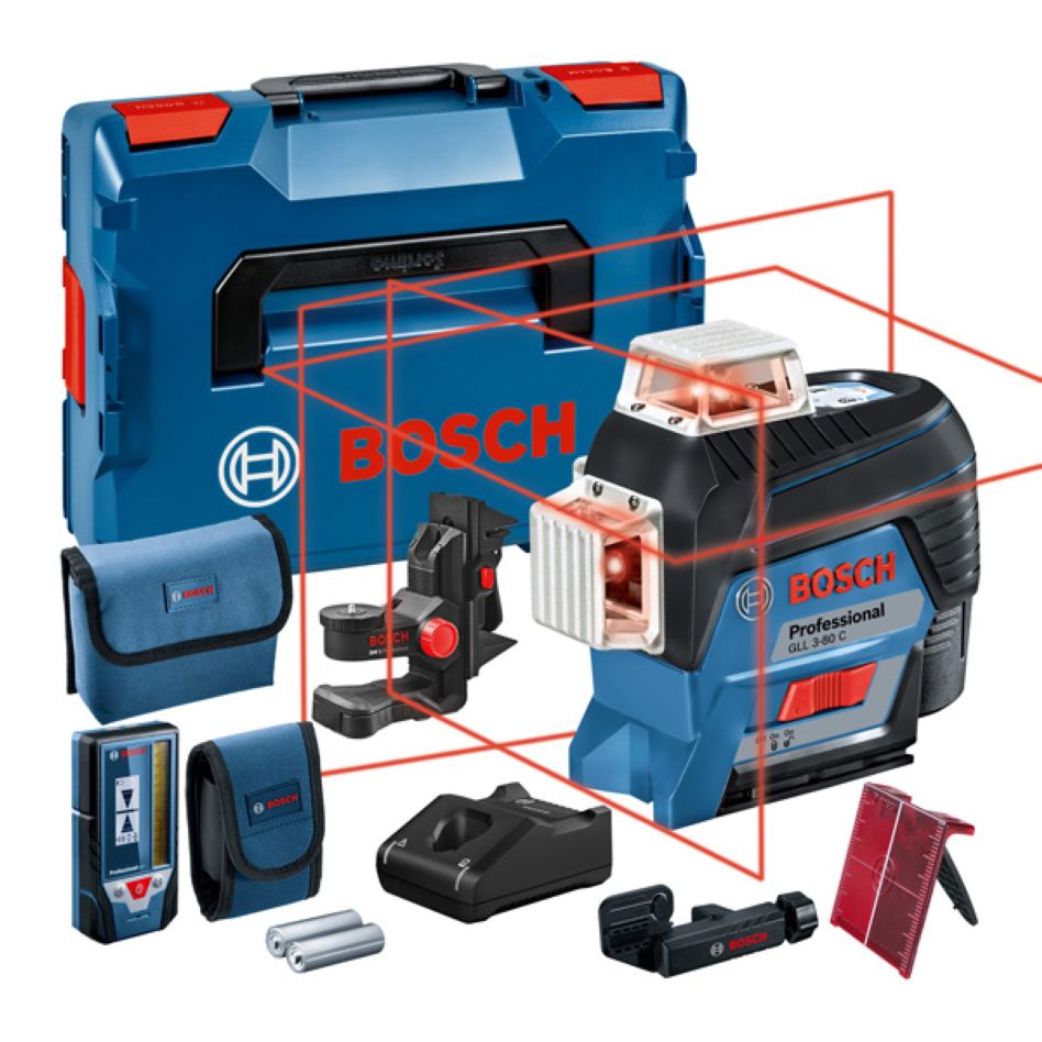 Bosch Blau 0601063R05 GLL 3-80 C Linienlaserset 1x 12V 2.0 Ah und Schnellladegerät GAL 12V-40 CV in L-BOXX