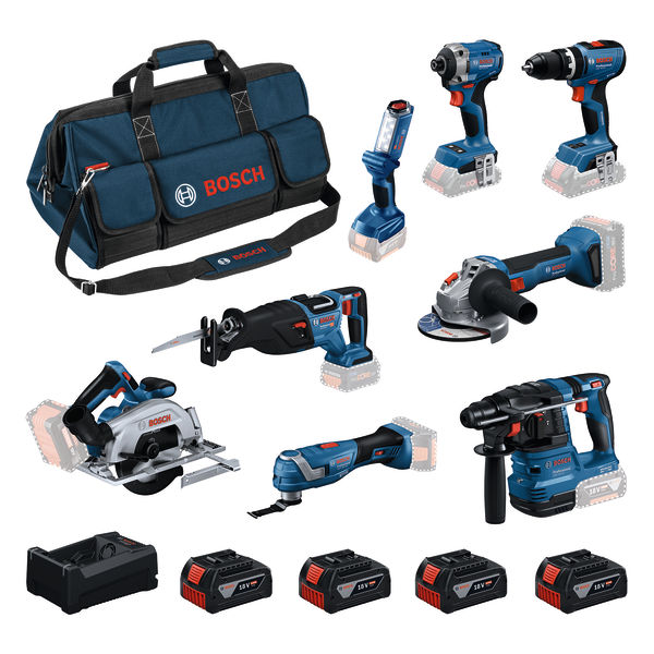 Bosch Blau 0615V00061 Akku-Werkzeugsatz 8-fach 18V GBH 18V-22, GWS 18V-8, GDR 18V-215, GSB 18V-65, GKS 18V-57-2, GSA 18V-28, GOP 18V-34, GLI 18V-300 4x GBA 5.0Ah und Ladegerät GAL 12V/18V-80 in Werkzeugtasche