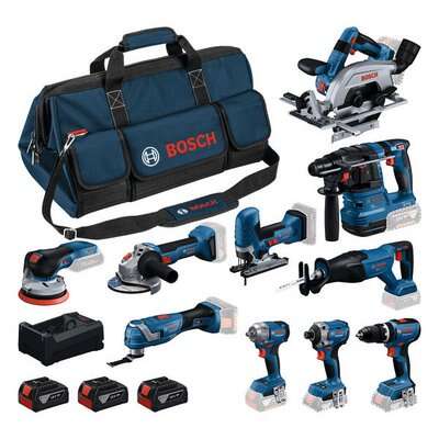 Bosch Blau 0615A500EH Akku-Werkzeugsatz 10 Maschinen 18V 3x 5.0Ah Akku und GAL12V/18V-80 Ladegerät in Werkzeugtasche