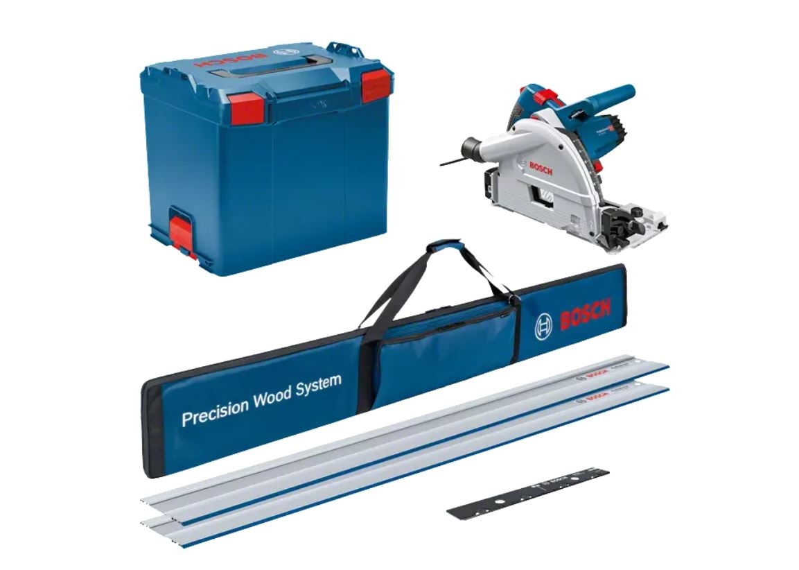Bosch Blau 0615990M9B GKT 55 GCE Kreissäge + 2x Führungsschienen + Beutel für FSN + Verbindungsstück in L-Boxx