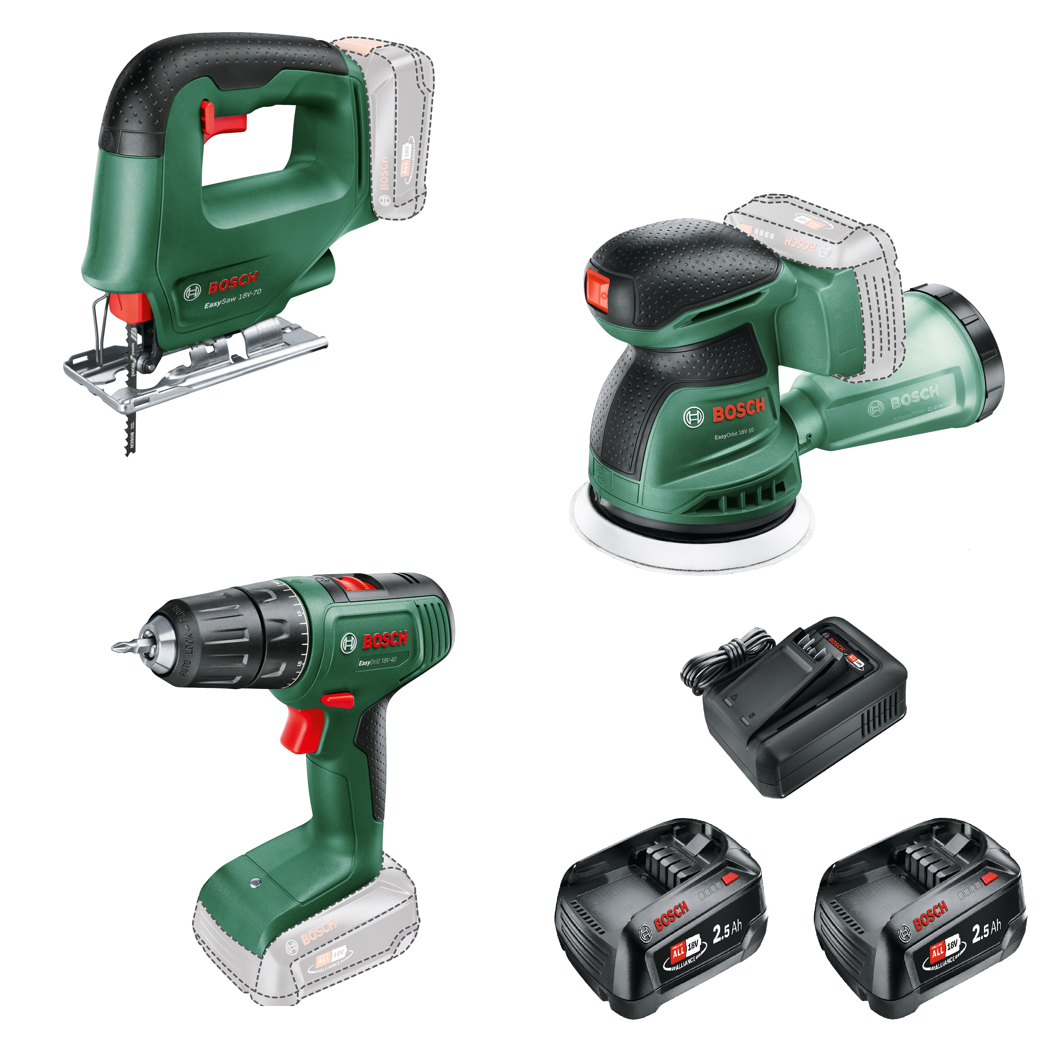 Bosch Grün 0615A500A9 Accutoolkit Combipack 3 Maschinen 2x 18V 2.5Ah Akkus und Ladegerät AL 18V-44 und Werkzeugtasche im Karton