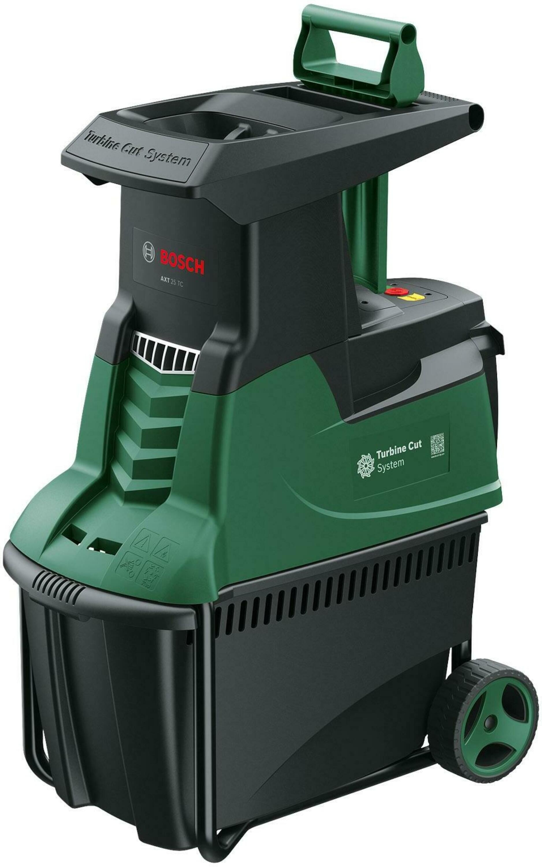 Bosch Grün 060080330C Flüsterhäcksler AXT 25 TC (Grasfangkorb (53 l), praktischer Schiebestock)