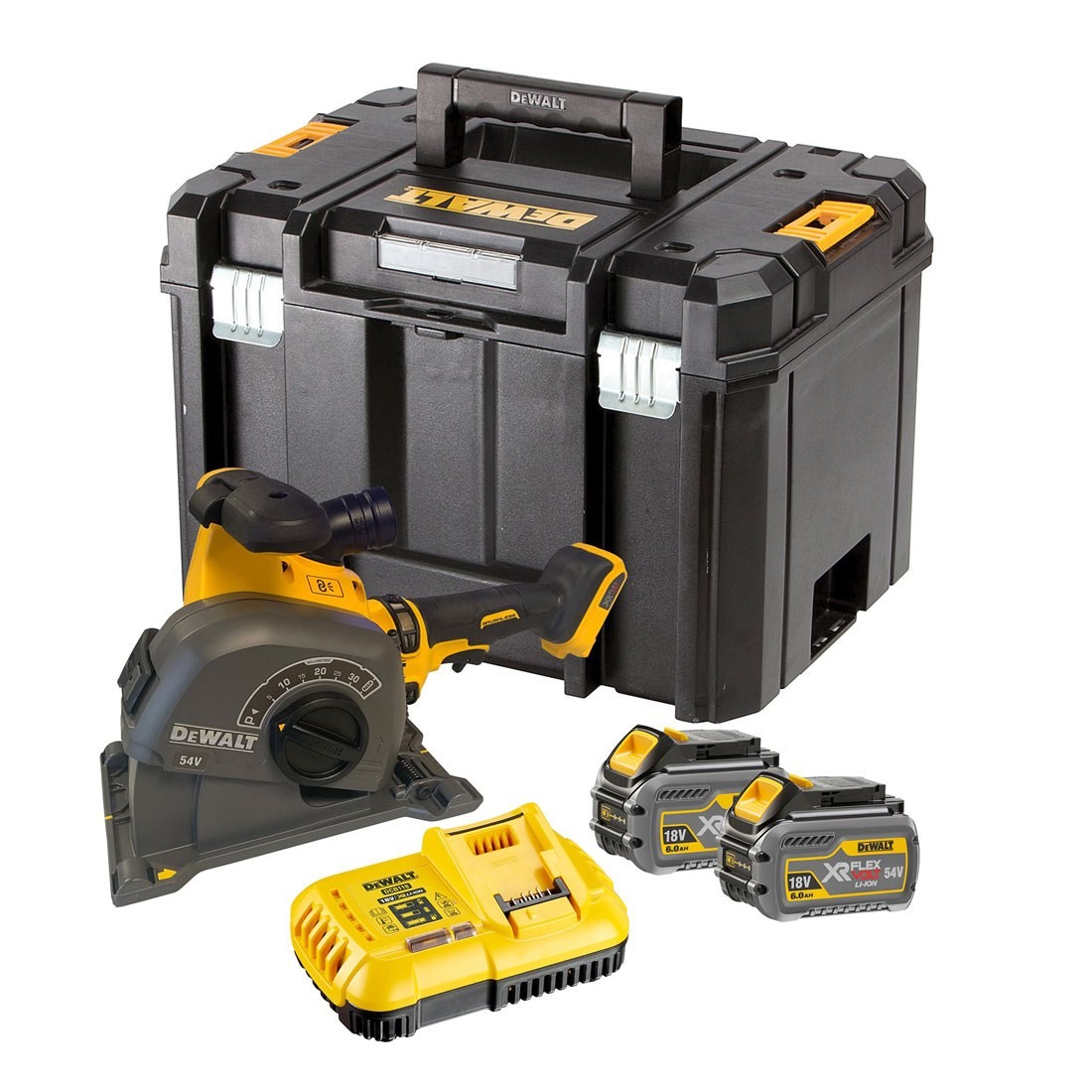 DeWalt DCG200T2-QW DCG200T2 Akku-Mauernutfräse Flexvolt 54 Volt 6,0 AH Li-Ion 0-32 mm