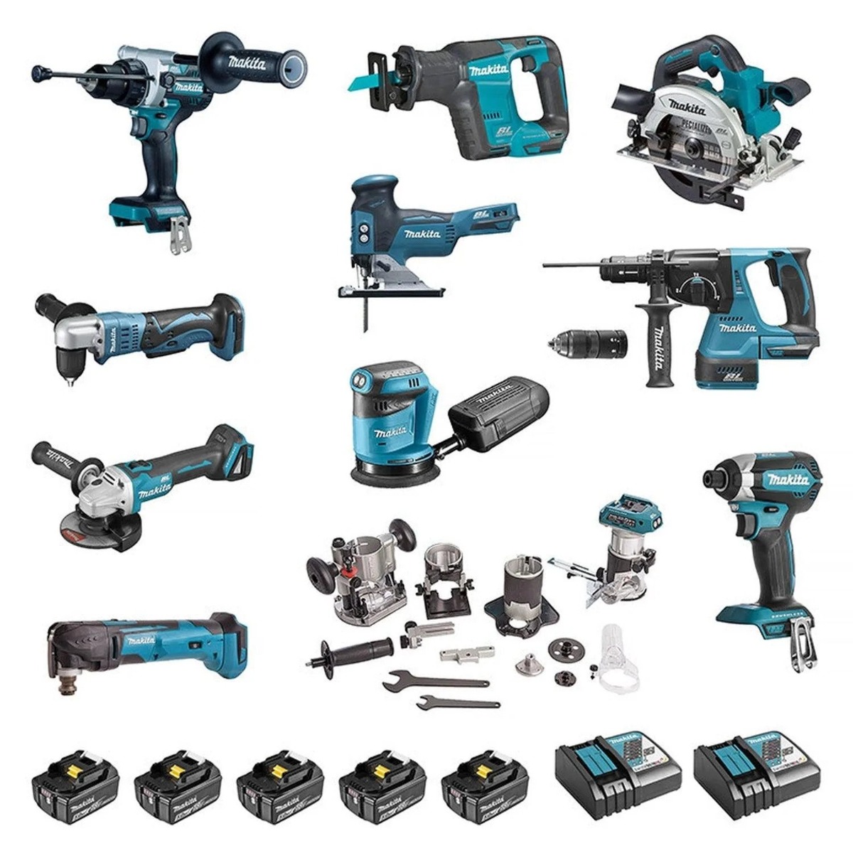 Makita DLX1108TJ1 Super-Set 18V 11 Maschinen - 5 x Akku 18V 5,0Ah + 2 x Ladegerät