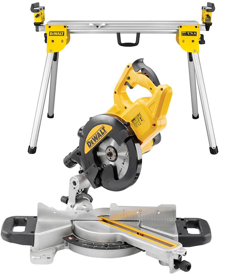 DeWALT DWS773SET Teleskopische Kapp- und Gehrungssäge 1300 Watt 216 mm + Untergestell DE7033