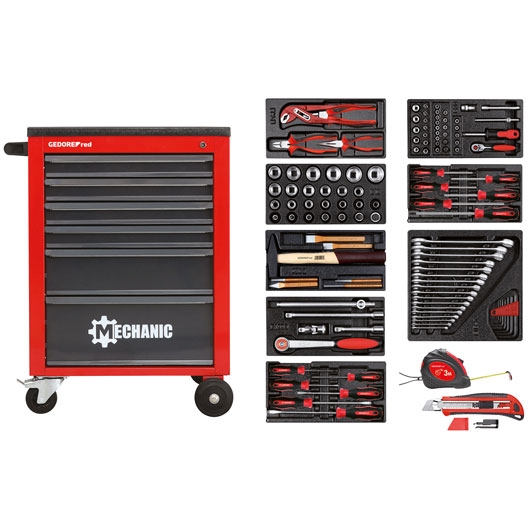 Gedore RED 3301667 MECHANIC Werkzeugsatz im Werkstattwagen, rot, 119-teilig