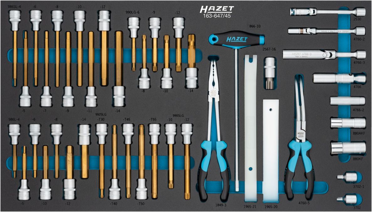 Hazet 163-647/45 45-teiliges Werkzeugset: 3/8" Vierkant-Hohlschlüssel, 1/2" Vierkant-Hohlschlüssel, Außensechskant, Innensechskant, XZN, Innen-Torx-Profile
