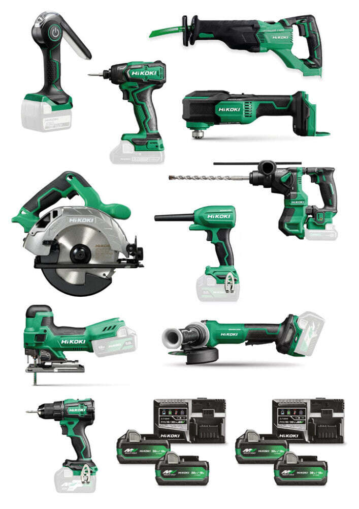 HiKOKI KC18H10A-MVA4 Accu Comboset 10 Maschinen 4x 18V 5.0Ah Akkus und 2x UC18YSL3 Ladegerät in 3x HSCII, 1x HSCIII + 2x HSCIV Koffer