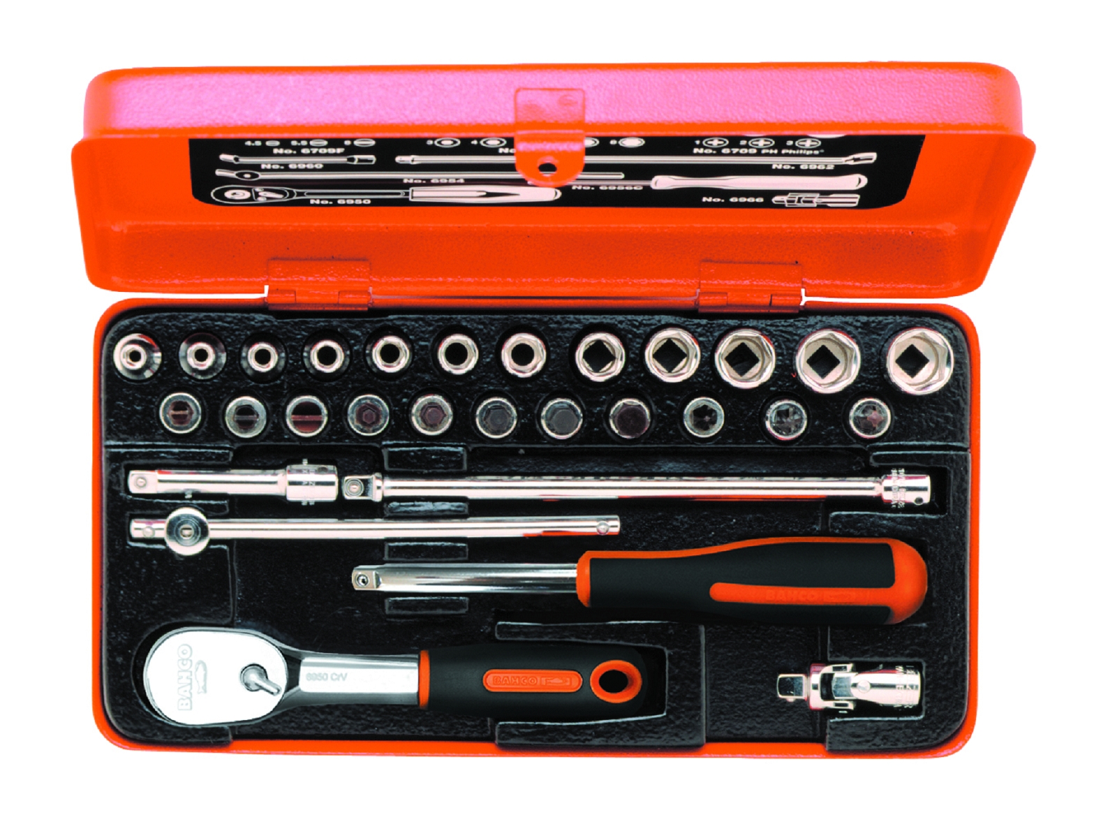 Bahco 6715GJ 1/4" Steckschlüssel-Satz, metrisch, Sechskantprofil, inklusive birnenförmiger Umschaltknarre/Schraubendreher-Bits - 29-teilig