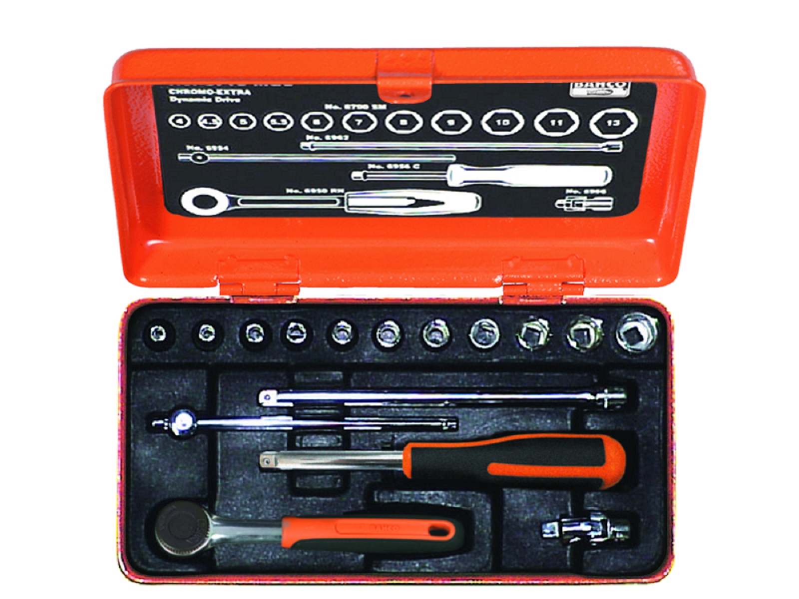 Bahco 6715MGS 1/4" Steckschlüssel-Satz, metrisch, Sechskantprofil, inklusive Umschaltknarre mit rundem Kopf/Verlängerung - 16-teilig