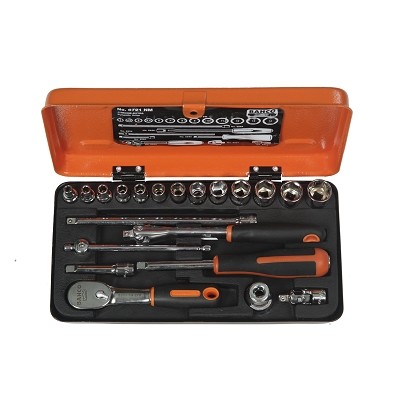 Bahco 6721NM 1/4" Steckschlüssel-Satz, metrisch, Sechskantprofil, inklusive birnenförmiger Umschaltknarre/Adapter - 21-teilig