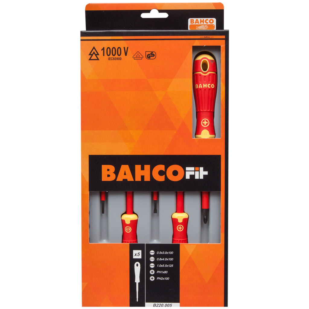 Bahco B220.005 Isolierter BahcoFit Schraubendreher-Satz für Schlitz- und Phillips-Schrauben mit 2-Komponenten-Griff, VDE-zertifiziert - 5-teilig