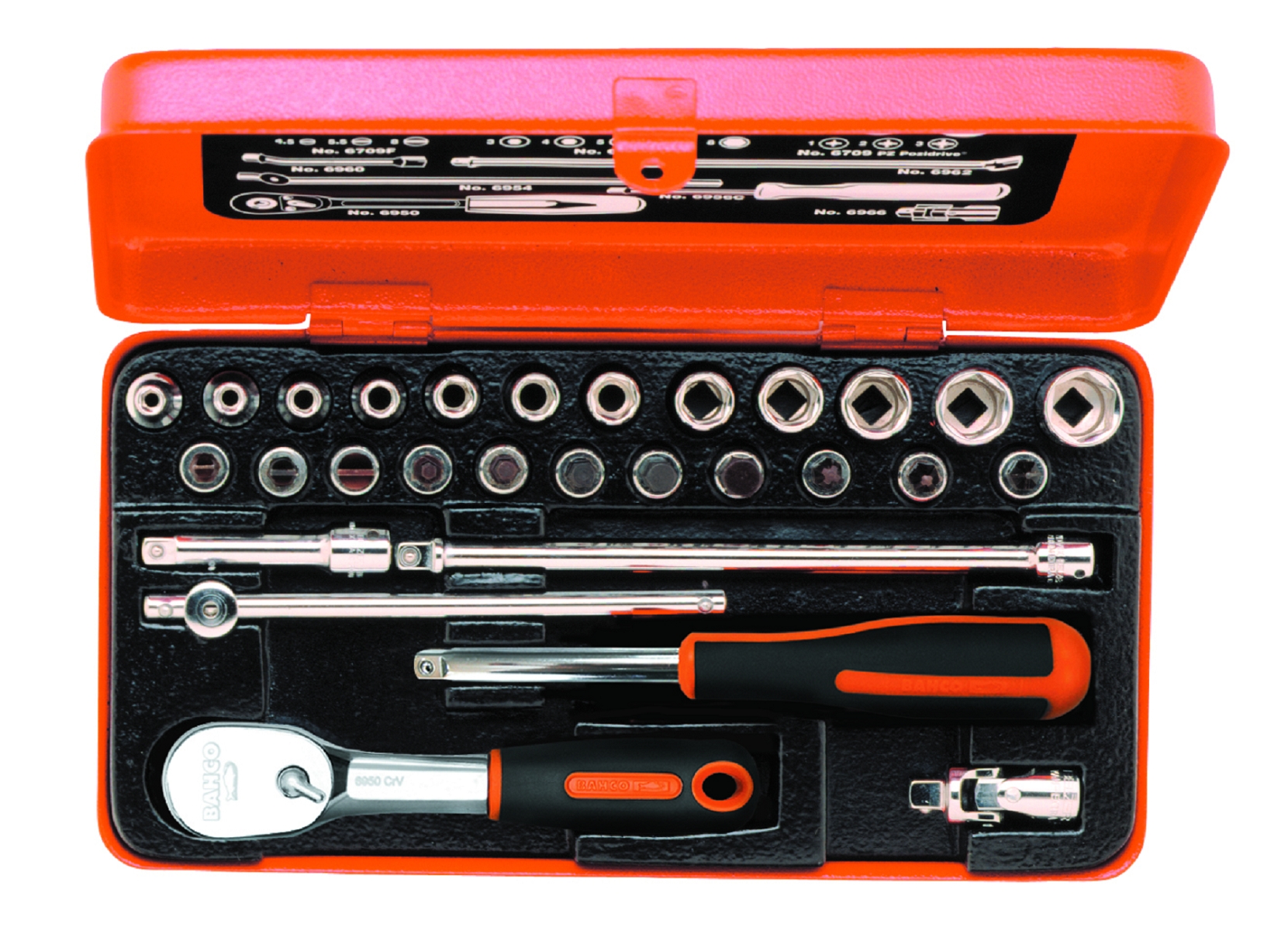 Bahco 6715PZ 1/4" Steckschlüssel-Satz, metrisch, Sechskantprofil, inklusive birnenförmiger Umschaltknarre/Schraubendreher-Einsätzen - 25-teilig