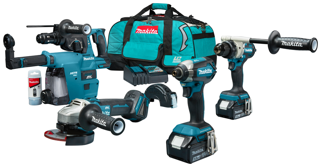 Makita DLX4194TX1 Kombiset mit 4 Geräten DDF492|DTD153|DHR243|DGA504, 18 V, 5,0 Ah Li-Ionen-Akku, im Koffer