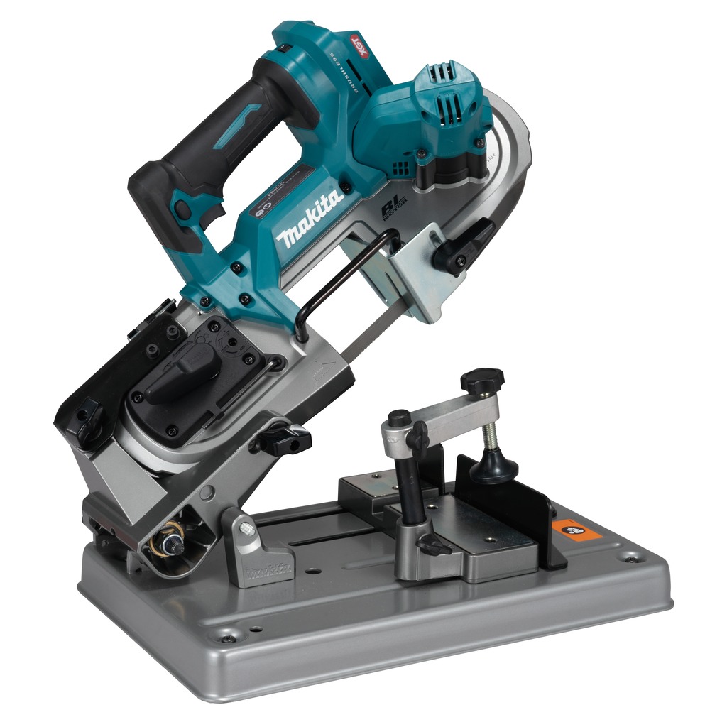 Makita PB003GZ01 XGT 40 V Max Bandsäge auf Sägeplattform, ohne Akku und Ladegerät, im Karton