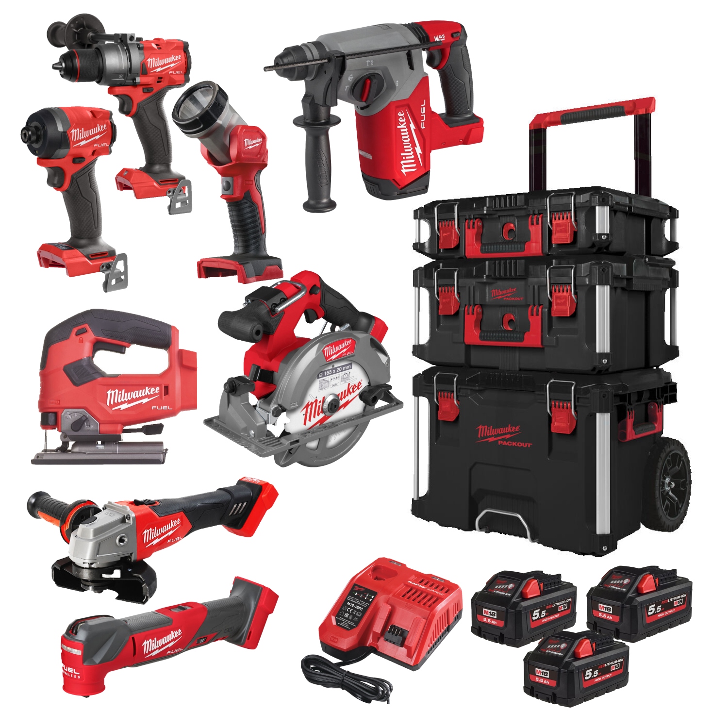 Milwaukee 4933499240 M18 FPP8E-553P M18 FUEL™ Powerpack 8 Maschinen 18V 5.5Ah Li-Ion im PackOut Trolley 4933499240