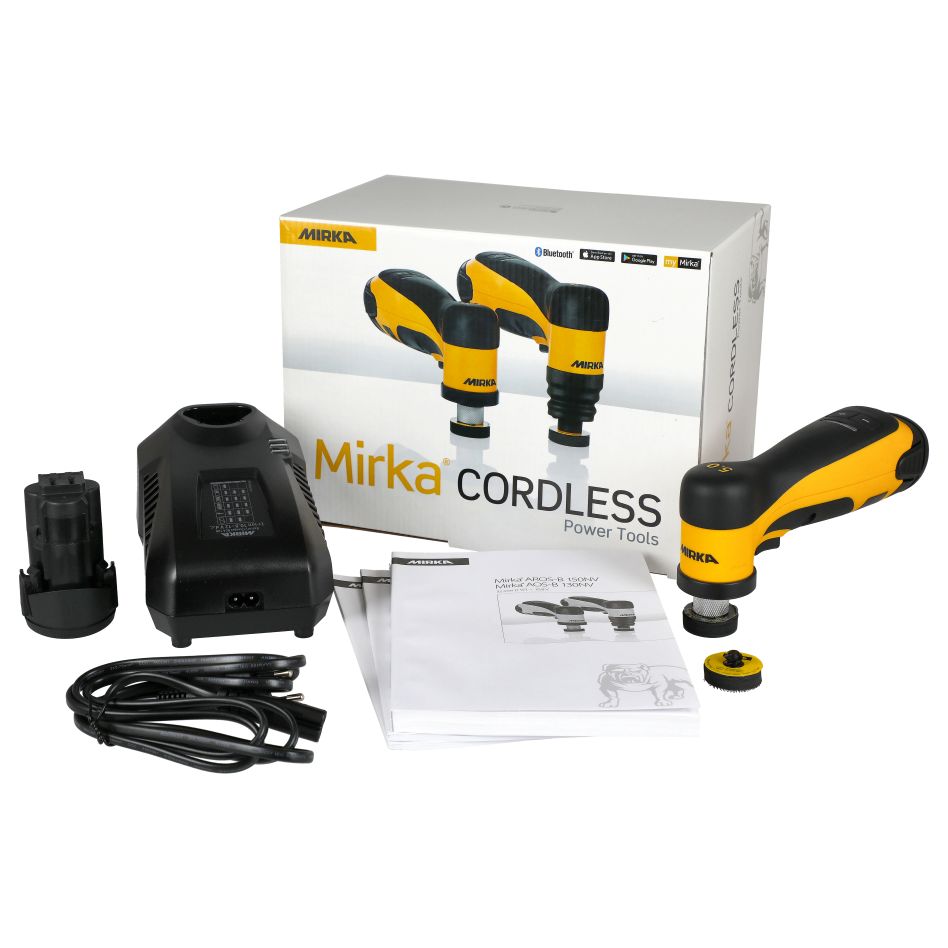 Mirka 8991150312 AROS-B 150 Exzenter-Accu-Reparaturschleifer 32mm Hub 5.0 2x 12V 2.5Ah Akku und Ladegerät im Karton 