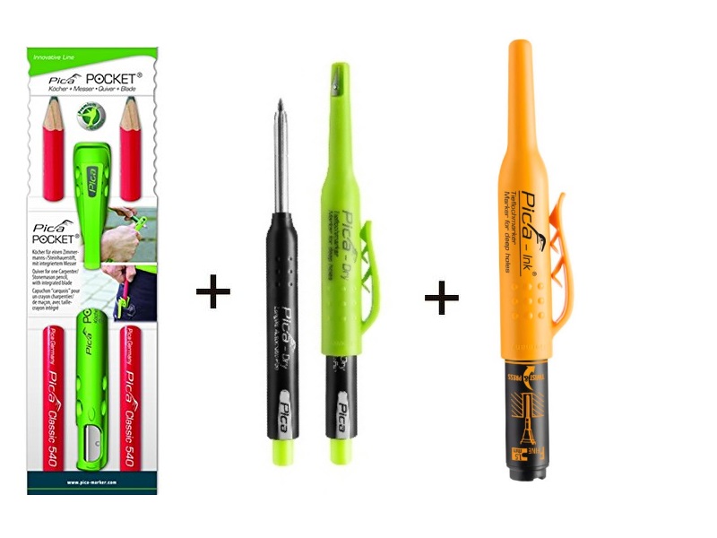 Pica PICASET - Pocket 505/01 2 Bleistifte mit Anspitzer 3030 Trockener Markierstift 150/46 Deep-Hole-Marker