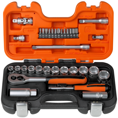 Bahco S330 1/4"- und 3/8"-Steckschlüssel-Satz, metrisch, Sechskant, inklusive Umschaltknarre – 34-teilig